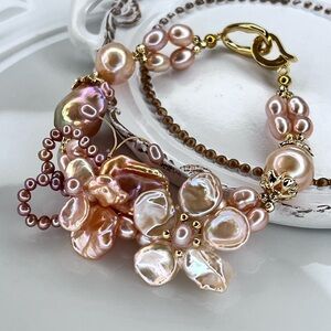 🔥🔥 Handmade Premium Freshwater Keshi Pearl Butterfly Flower 🌺 Champagne Bracelet